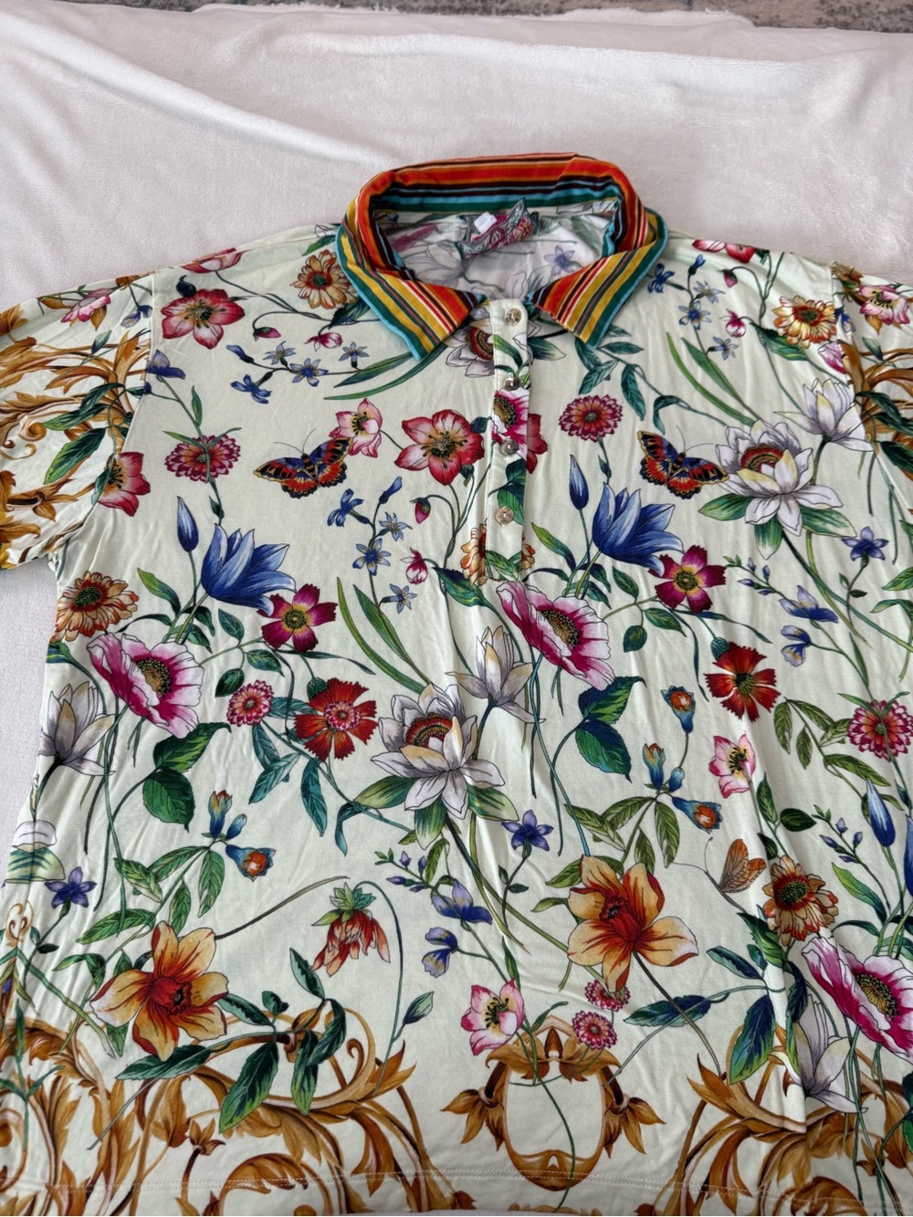 Johnny Was Felix Short Sleeve Polo Tee Bamboo Floral Stripe Collar Size L D83